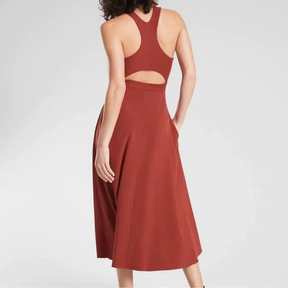 Athleta Winona Midi Support Dress Rust Red Cutout Back Pockets Size M - Picture 2 of 8
